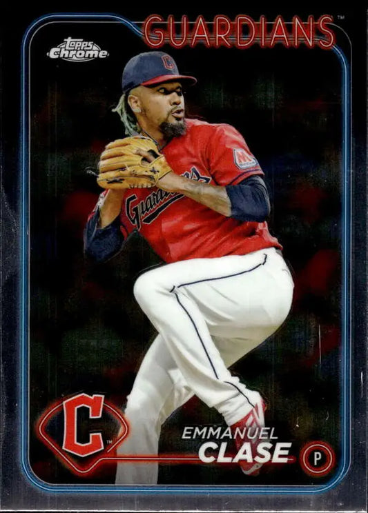 Cleveland Guardians baseball card of Emmanuel Clase in red uniform mid-delivery