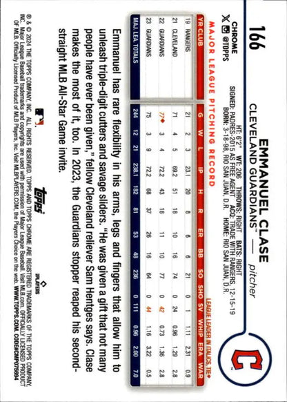 Baseball card featuring Emmanuel Clase statistics from the Cleveland Guardians