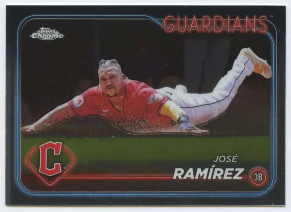 Jose Ramirez in red Cleveland Guardians jersey diving for the 2024 Topps Chrome baseball card