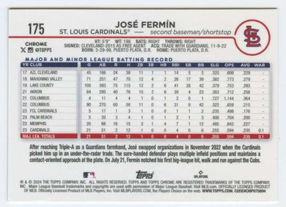 Jose Fermín Topps Chrome Rookie Card with Minor League Stats for St. Louis Cardinals