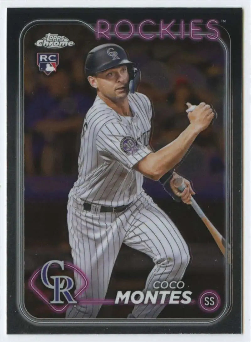 Coco Montes at bat in white pinstriped uniform on 2024 Topps Chrome Colorado Rockies card