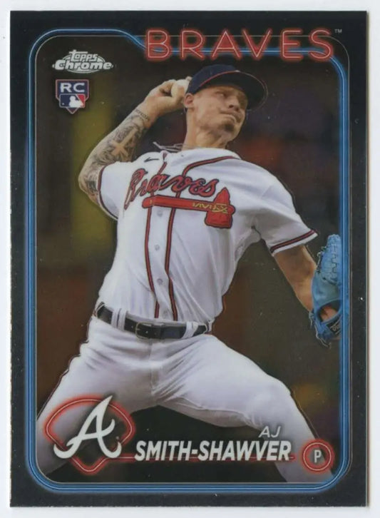 Baseball card of AJ Smith-Shawver in mid-throw for the Atlanta Braves Topps Chrome