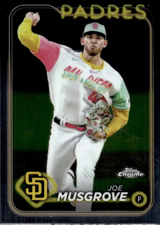 Joe Musgrove throwing a pitch in 2024 Topps Chrome San Diego Padres Baseball Card