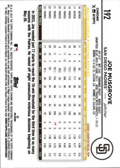 2024 Topps Chrome Joe Musgrove NM-MT Baseball Card showcasing San Diego Padres stats