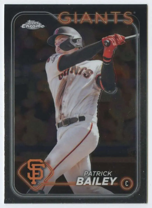 Baseball card of Patrick Bailey swinging in a San Francisco Giants white uniform