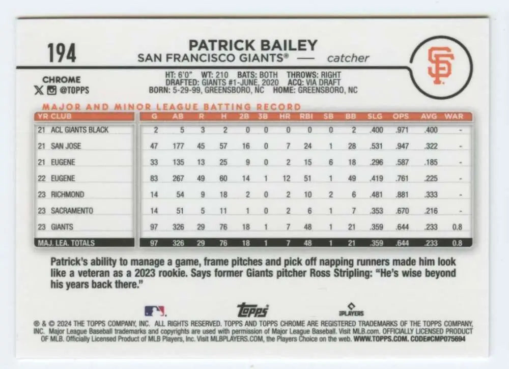 Patrick Bailey San Francisco Giants baseball card showcasing catcher statistics