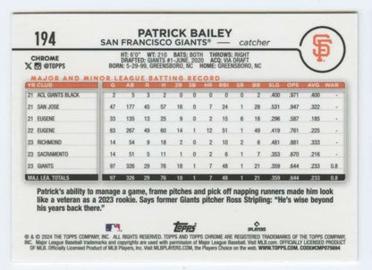 Patrick Bailey San Francisco Giants baseball card showcasing catcher statistics
