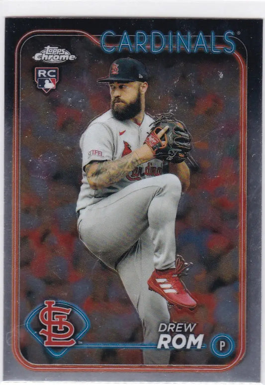 Baseball card of Drew Rom in windup for 2024 Topps Chrome St. Louis Cardinals