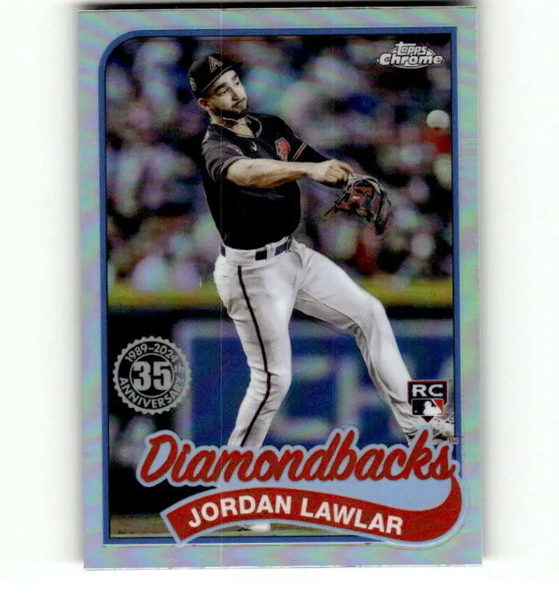 Baseball card of Jordan Lawlar in black uniform from 2024 Topps Chrome Refractor