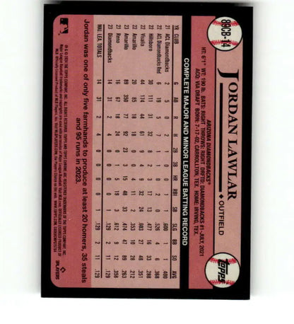 Baseball trading card of Jordan Lawlar with player stats on a reddish-pink background