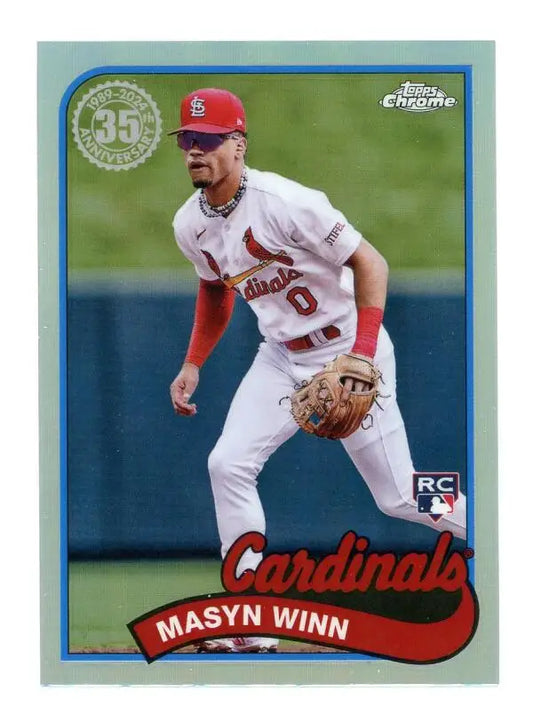 Masyn Winn Topps Chrome card featuring St. Louis Cardinals player in white uniform and red cap
