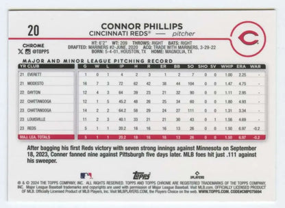 Baseball trading card featuring Connor Phillips with player statistics from Topps Chrome Cincinnati Reds