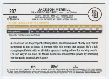 Baseball card featuring Jackson Merrill stats in 2024 Topps Chrome San Diego Padres design