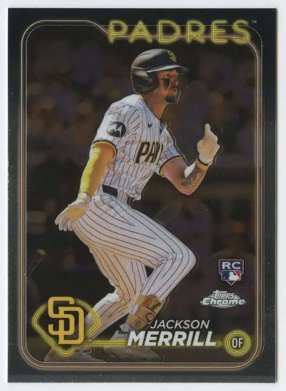Topps Chrome baseball card of Jackson Merrill in pinstripe uniform running to first base
