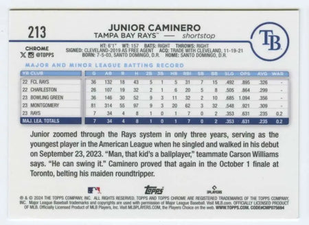 2024 Topps Chrome Junior Caminero Tampa Bay Rays baseball card RM-MT RC