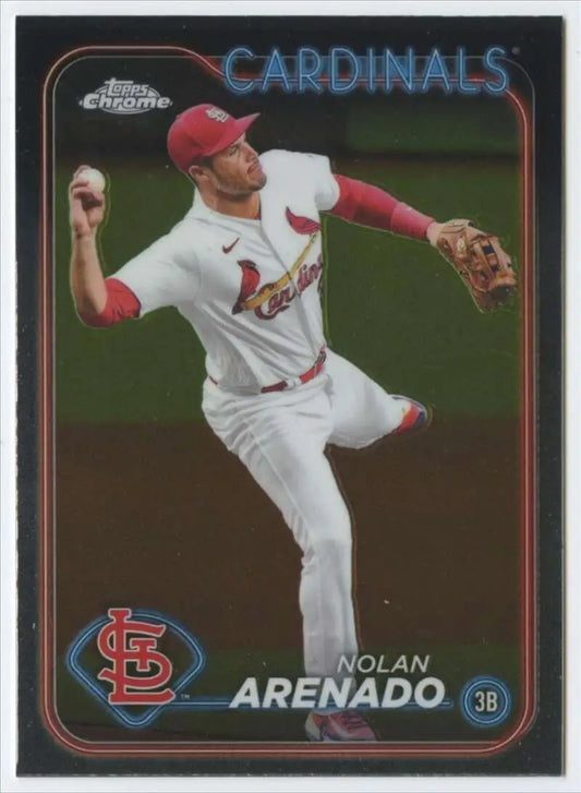 Nolan Arenado in white uniform throwing on 2024 Topps Chrome St Louis Cardinals card