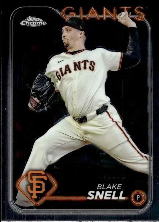 Blake Snell in San Francisco Giants uniform pitching on 2024 Topps Chrome baseball card