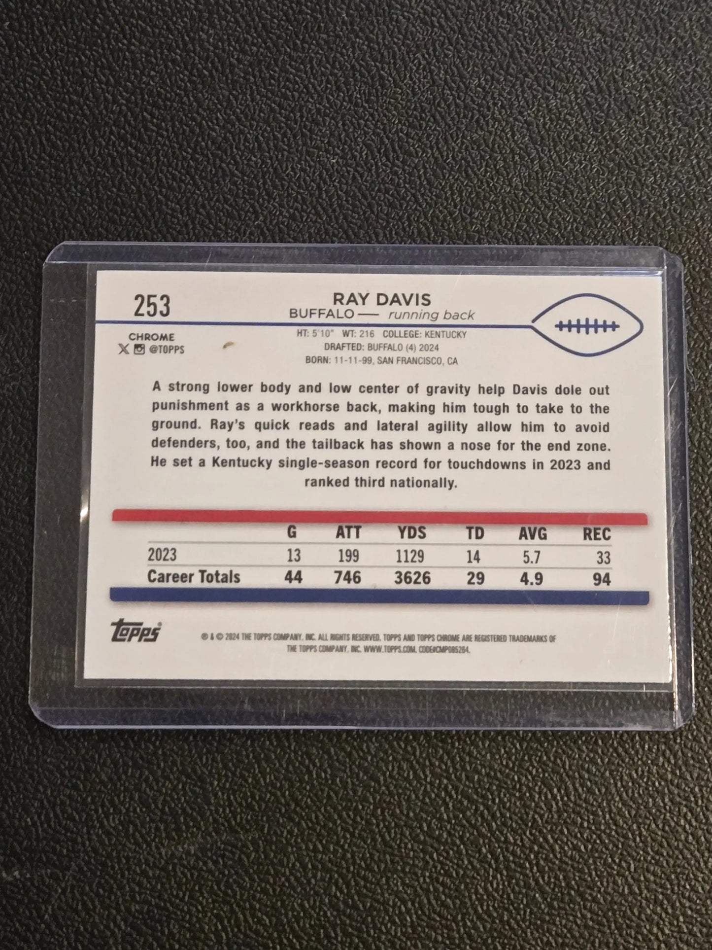2024 Topps Chrome Ray Davis X-Fractor football trading card in protective sleeve