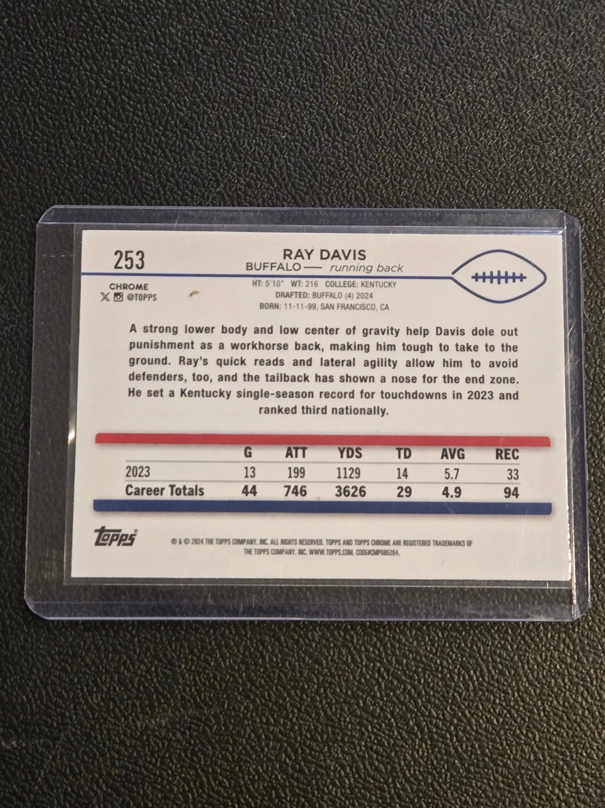 2024 Topps Chrome Ray Davis X-Fractor football trading card in protective sleeve