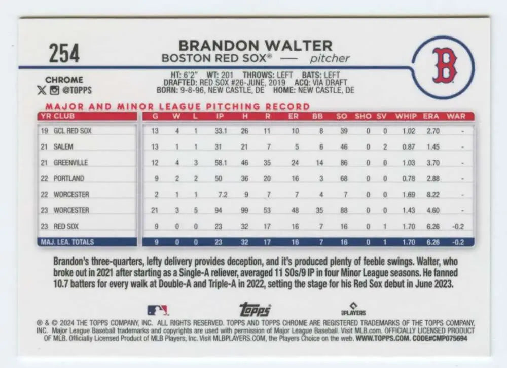 Baseball card featuring Brandon Walter stats for Boston Red Sox Topps Chrome collection