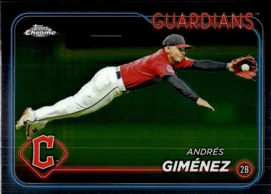 Andres Gimenez diving to catch a baseball, featured on 2024 Topps Chrome baseball card