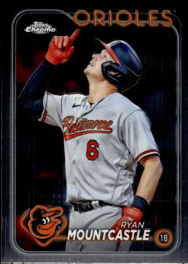 Ryan Mountcastle in white jersey pointing up on 2024 Topps Chrome Baltimore Orioles card