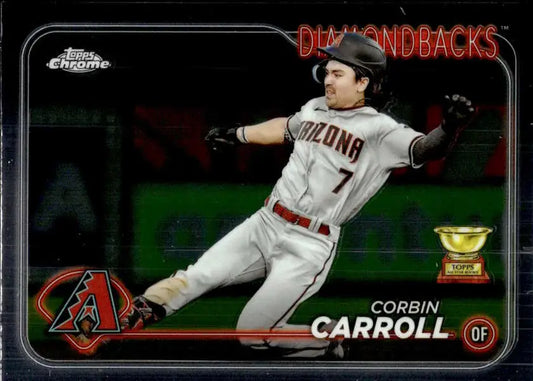 Corbin Carroll making a leaping catch on a 2024 Arizona Diamondbacks baseball card
