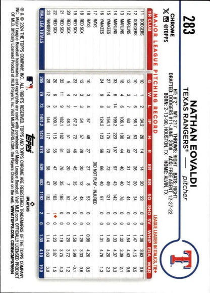 Baseball card featuring Nathan Eovaldi statistics for Texas Rangers in grid format
