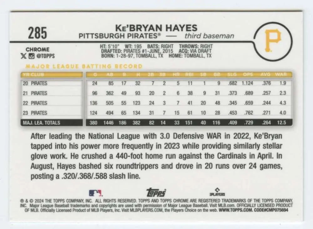 2024 Topps Chrome Ke’Bryan Hayes Pittsburgh Pirates baseball card front view