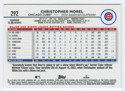 Christopher Morel Topps Chrome baseball card showcasing MLB stats for Chicago Cubs