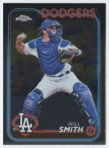 Baseball card of Los Angeles Dodgers catcher Will Smith in blue gear throwing