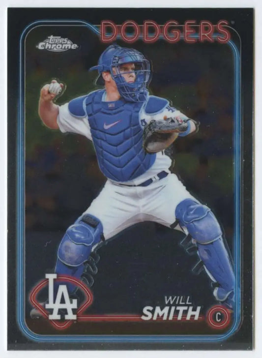 Baseball card of Los Angeles Dodgers catcher Will Smith in blue gear throwing