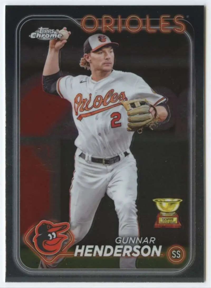 Gunnar Henderson throwing in white uniform on 2024 Topps Chrome Baltimore Orioles card