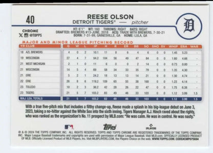 Back of Reese Olson Detroit Tigers rookie baseball card from 2024 Topps Chrome series