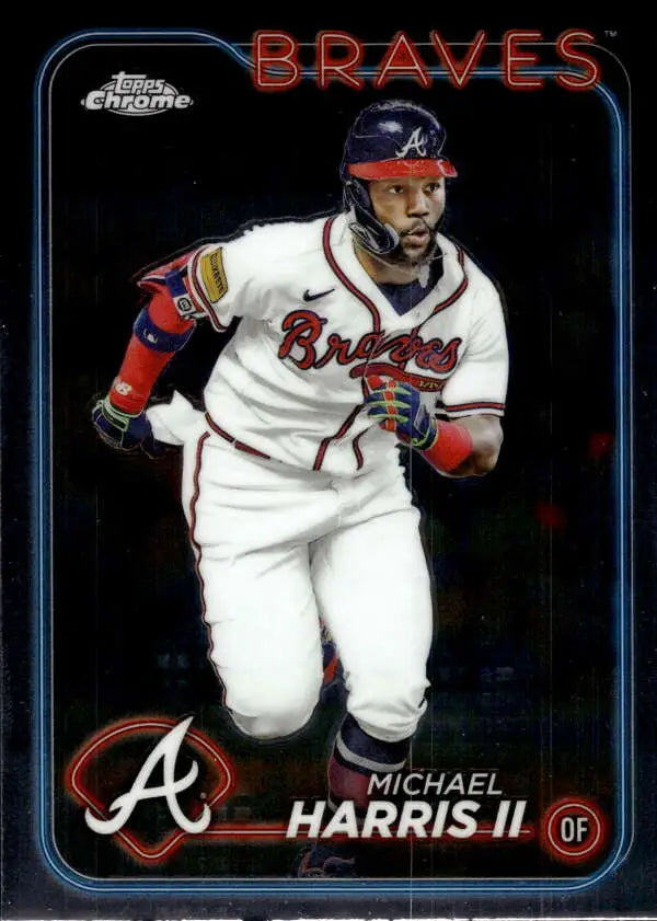 Baseball card of Michael Harris II running in a white Atlanta Braves uniform