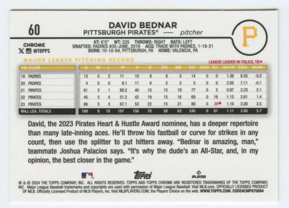 Baseball card featuring David Bednar of the Pittsburgh Pirates from 2024 Topps Chrome
