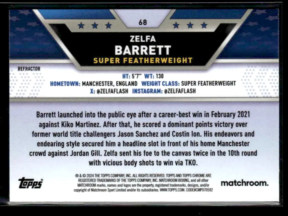 Boxing trading card featuring Zelfa Barrett from 2024 Topps Chrome Refractor collection