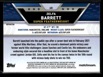 Boxing trading card featuring Zelfa Barrett from 2024 Topps Chrome Refractor collection