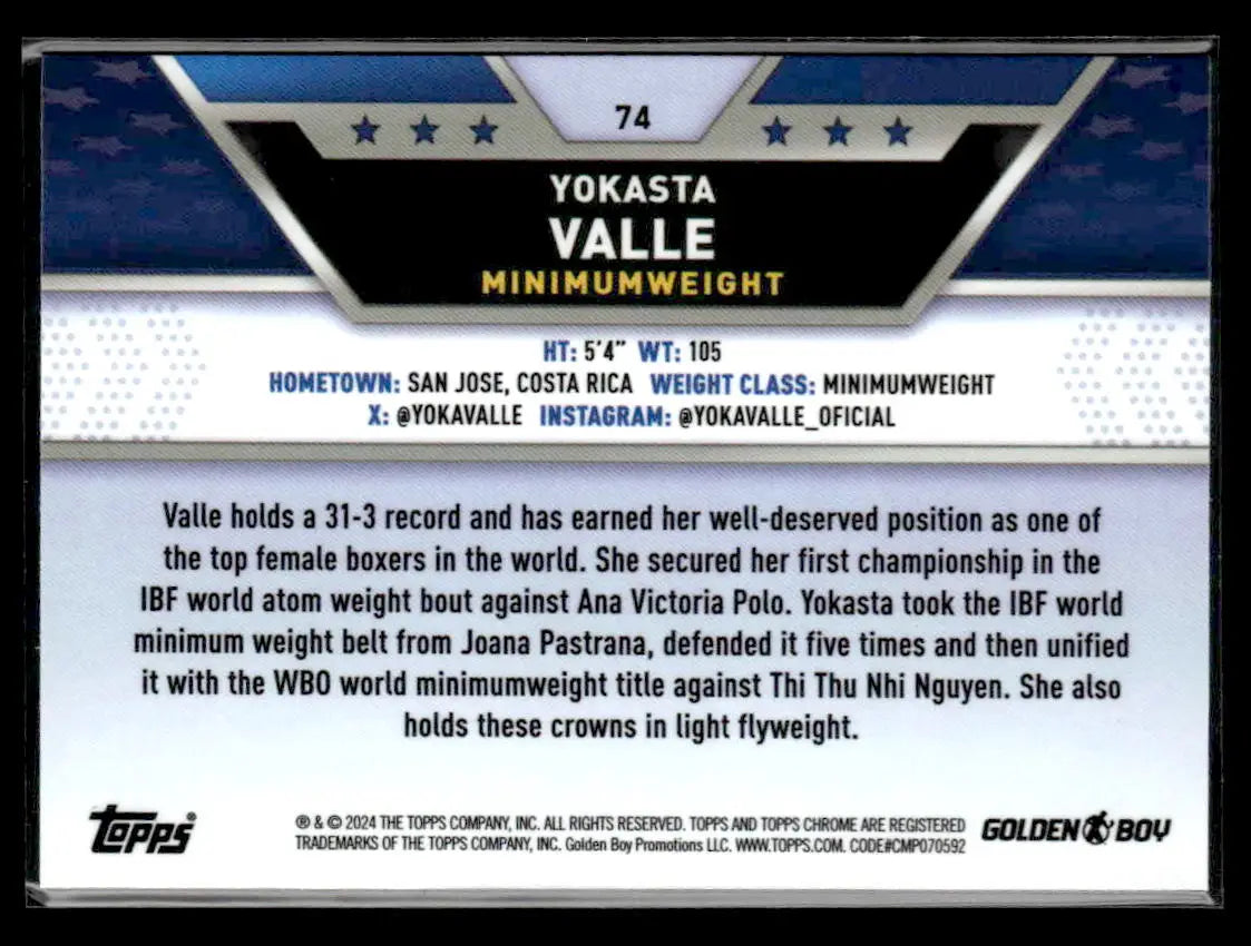Boxing trading card featuring Yokasta Valle from 2024 Topps Chrome series