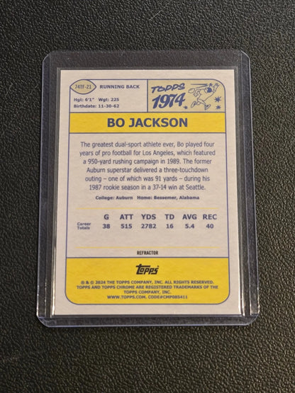 Bo Jackson 1974 Topps football card in protective sleeve, 2024 Topps Chrome football refractor