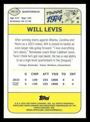 Topps 1974-style Will Levis football lazer refractor card from 2024 Topps Chrome