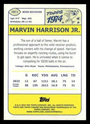 Back of a Marvin Harrison Jr. 2024 Topps Chrome football trading card with stats and bio