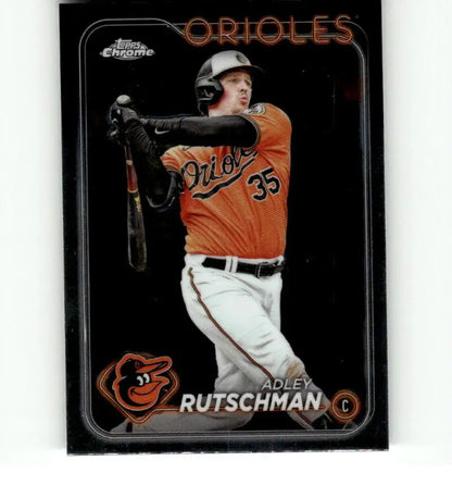 Adley Rutschman in orange jersey swinging bat on Topps Chrome Baltimore Orioles card