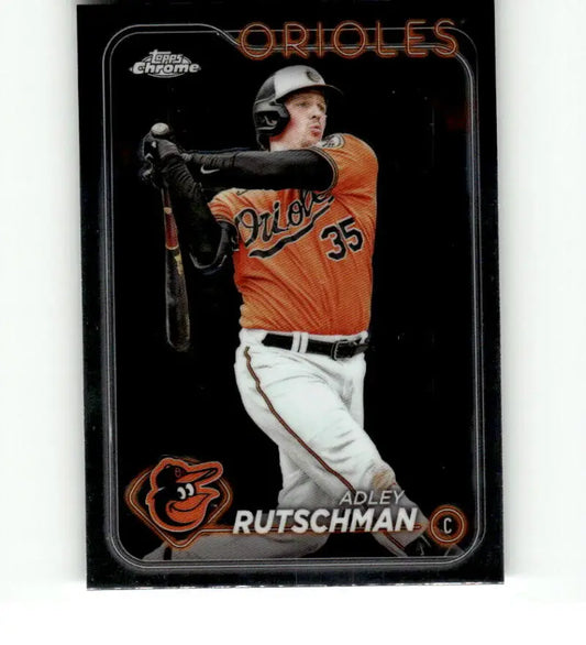 Adley Rutschman in orange jersey swinging bat on Topps Chrome Baltimore Orioles card