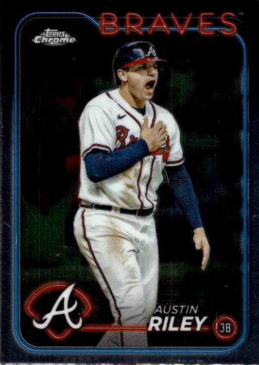 Austin Riley showing emotion in 2024 Topps Chrome Atlanta Braves Baseball Card
