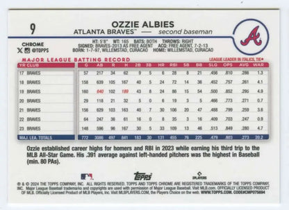 Ozzie Albies statistics on 2024 Topps Chrome #9 Atlanta Braves Baseball Card