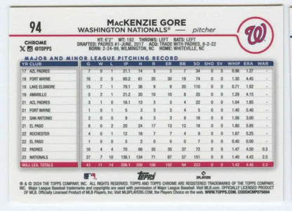 2024 Topps Chrome Mackenzie Gore baseball card featuring Washington Nationals player