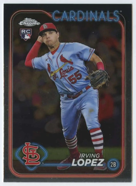 2020 Topps Chrome baseball card of Irving Lopez in gray St. Louis Cardinals uniform