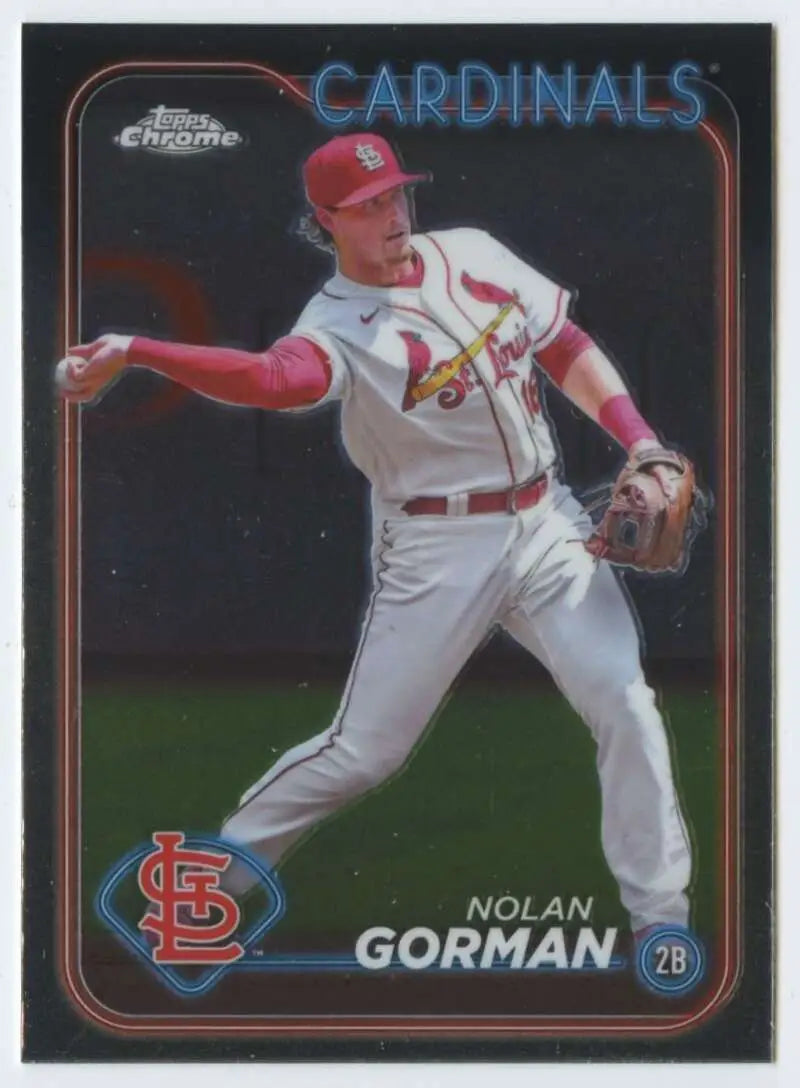 Baseball card of Nolan Gorman in white uniform for Topps Chrome St. Louis Cardinals