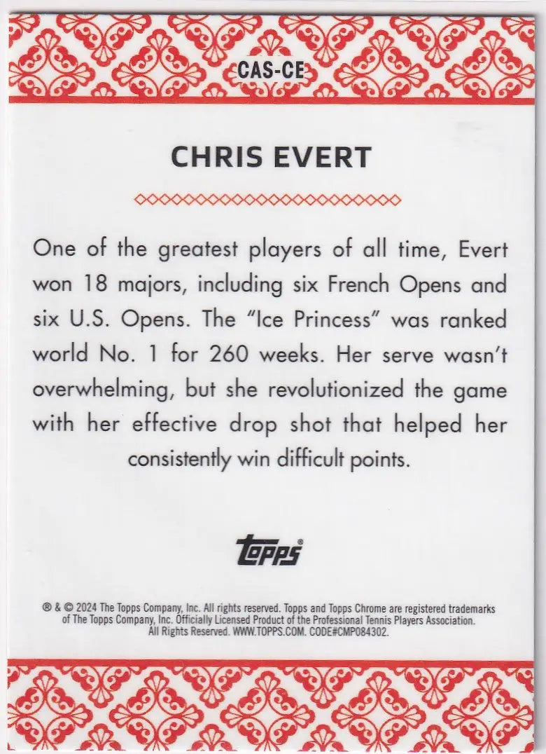 Trading card of Chris Evert from Topps Chrome Aces with red border and biography